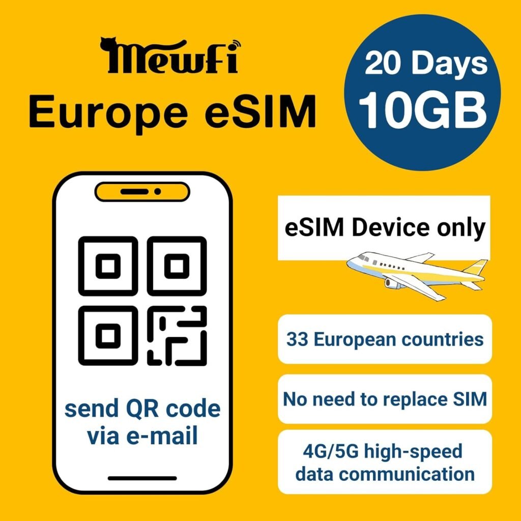 Europe Prepaid Esim Card, 10GB Data for 20 Days in UK and Europe 33 Countries, Data Only Europe SIM Card for iPhone and Android, Not Physical Card